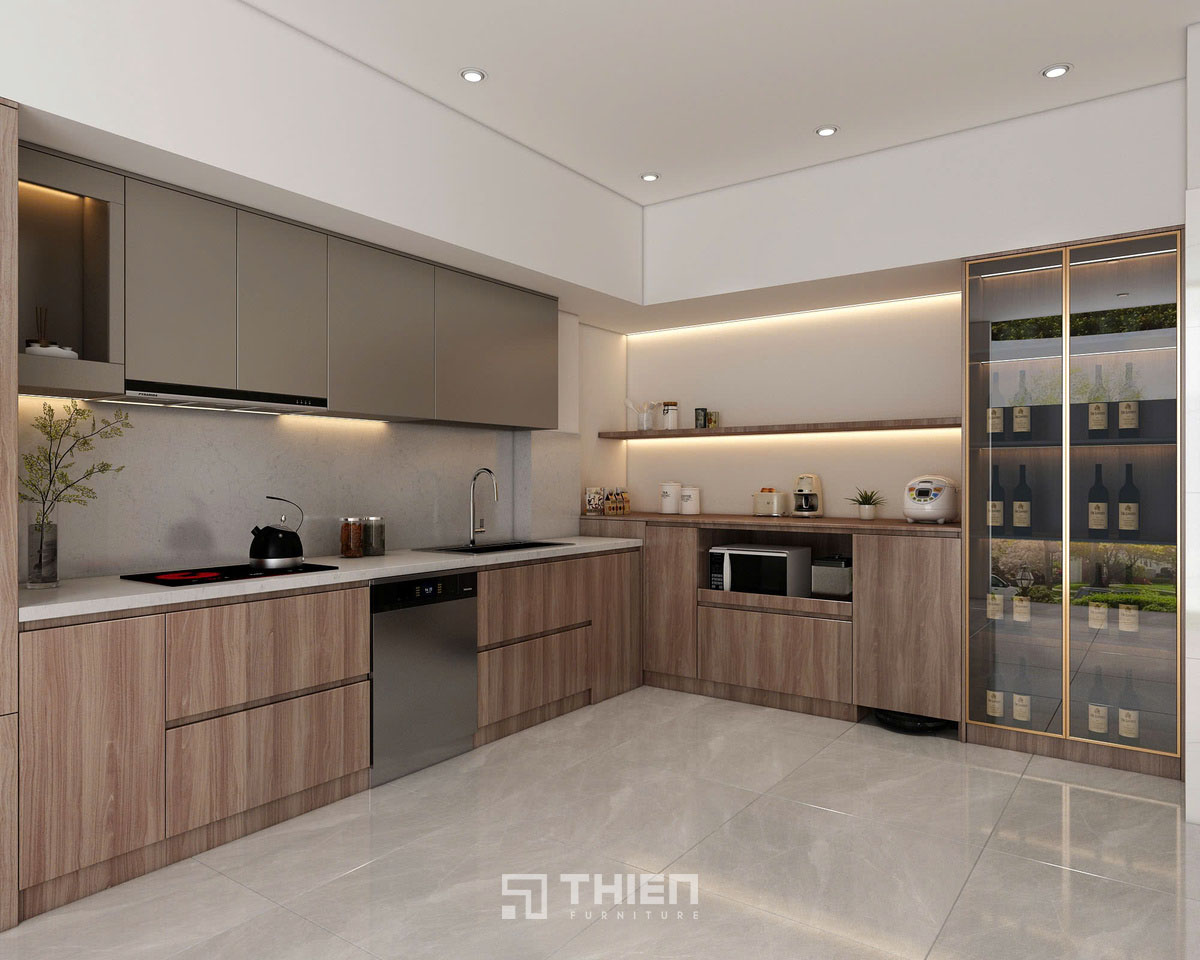 Tủ Bếp Chữ L Nhà Phố Vân Gỗ Hiện Đại TBT134